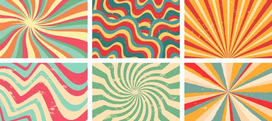 Tapeten Groovy background. Starburst rays, colorful funky waves and vintage 60s hippie psychedelic wallpaper backdrop vector set © WinWin