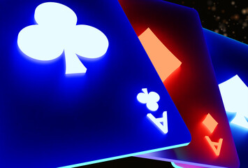 Glowing casino cards game on dark black background - 3d render. Flying cards for online casinos and mobile gambling applications, poker - winner, wealth concept.