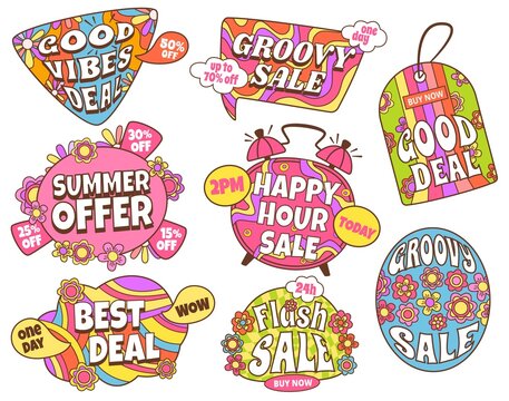 Groovy sale. Good vibes deal, retro 70s labels and offer badges vector set