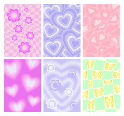 Y2k backgrounds. Groove backdrop with flowers, butterflies and hearts. Psychedelic wavy mesh grid and 90s wallpapers vector set