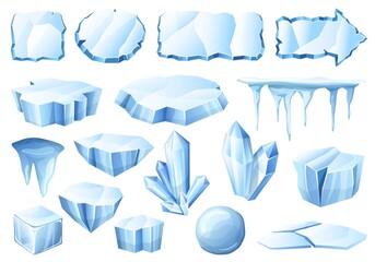 Cartoon ice. Glacier crystals, ice pieces and cold iced frames vector set - obrazy, fototapety, plakaty