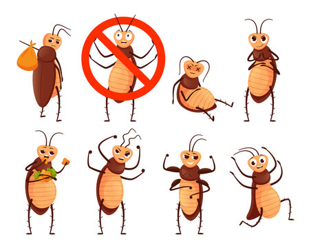 Cockroach mascot. Cartoon roach character, insect in prohibition stop sign and pests beetle vector illustration set