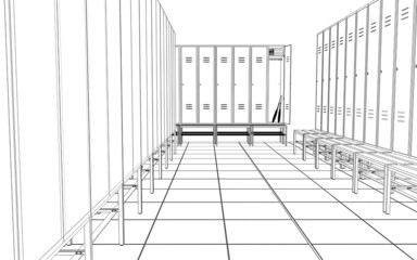 Sports locker room, 3d render, sketch, outline