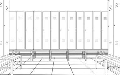 Sports locker room, 3d render, sketch, outline