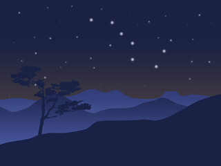 A lonely tree in the mountains against the background of the night sky and the Big Dipper