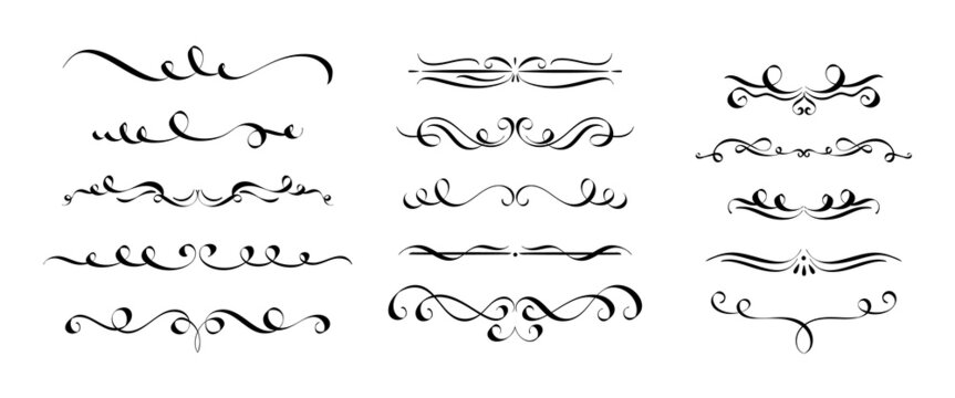 Calligraph dividers. Elegant vintage flourishes, text delimiters decoration and hand drawn ornament dividers vector set