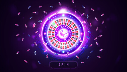 Pink shine neon Casino Roulette wheel and poker chips in hologram style, banner with button for your arts