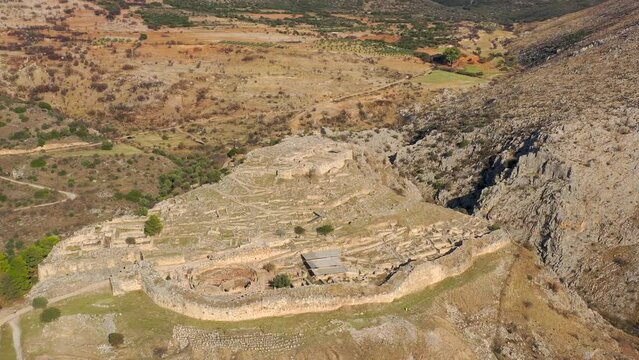 Aerial view by drone of archaeological site of ancient citadel of Mycenae, north-eastern Peloponnese, Greece.	
