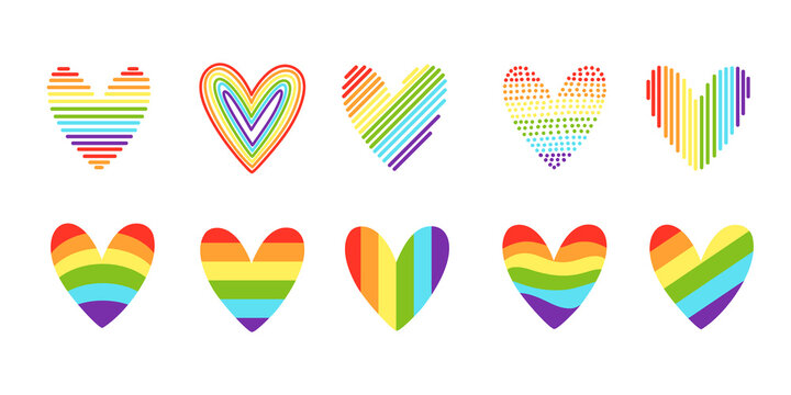 Pride hearts. LGBT heart icon, rainbow color love symbol vector set