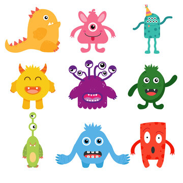Vector set of cute monsters in flat style.