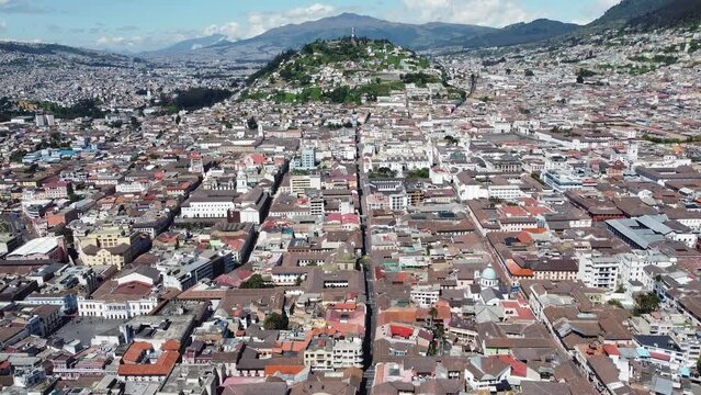 Quito, Ecuador: aerial drone footage of the historic Quito city center with the Plaza Grande and the cathedral in Ecuador capital city in the Andes in south America