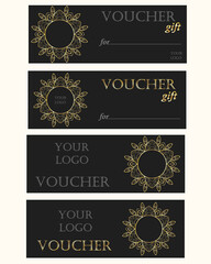 Template of voucher, ticket, coupon with mandala in golden color on black background. Coupon for yoga center, beauty salon, massage parlor, etc.