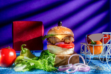 Chicken Cheese Burger with tomato, ketchup and green chilli isolated on wooden board side view of american fast food