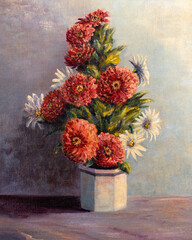 Oil painting depicting red chrysanthemums and white petal flowers in a white vase.