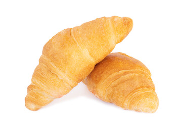 Two fresh mouth-watering croissants on a white background side view. 