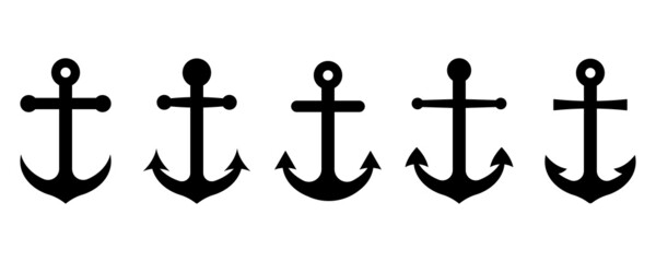 Anchor vector icon set on white background. Black silhouette with marine anchors. Symbol pirates.