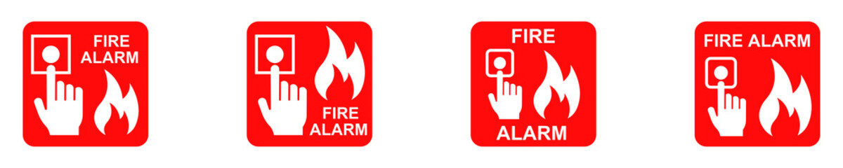 Fire alarm call point vector icons set. Emergency fire alarm button. Red emergency signs.  - obrazy, fototapety, plakaty