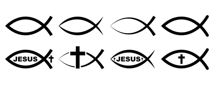 Set of Jesus fish vector icons. Christian symbol. Religious sign. Faith on jesus.