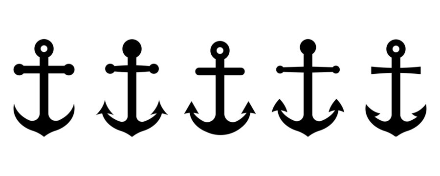 Anchor vector icon set on white background. Black silhouette with marine anchors. Symbol pirates.