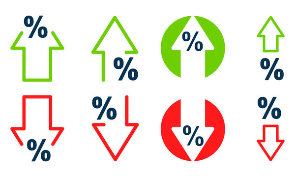 Percent arrow up and down vector icons set. Percentage arrows. Growth and decrease. Arrows with increase or reduce.
