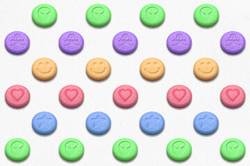 MDMA or Ecstasy pills on white background