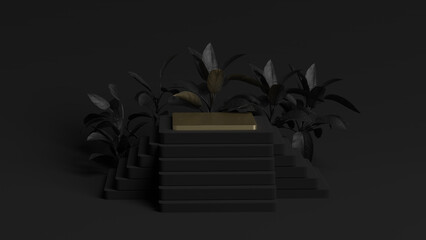 3D illustration, Modern minimalist mockup for podium display or showcase, Black background for product promotion. Abstract platform, Golden stand