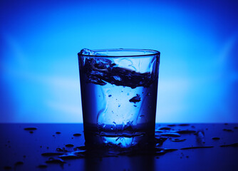 A glass with water at blue background	