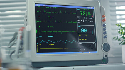 Heartbeat monitor screen showing pulse vital signs in operating room closeup. 