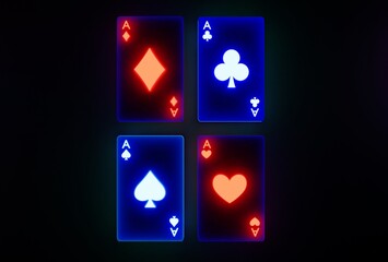 Glowing casino cards game on dark black background - 3d render. Flying cards for online casinos and mobile gambling applications, poker - winner, wealth concept.