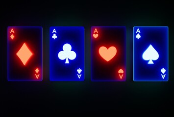 Glowing casino cards game on dark black background - 3d render. Flying cards for online casinos and mobile gambling applications, poker - winner, wealth concept.
