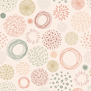 Doodle round abstract seamless pattern. Vector organic background with scribble lines, dots. Hand drawn shapes in neutral color palette.