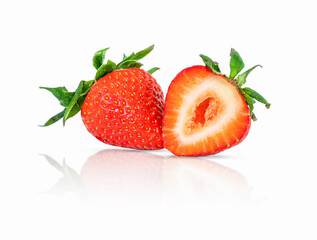 Ripe strawberries with sliced half isolated on white background. Fresh ripe strawberry close-up isolated on white background