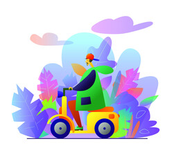 The guy on the background of the landscape is riding a motor scooter. Vector graphics.