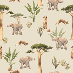 African animals baby seamless pattern. Safari wild life and plants wallpaper design. Repeating tropical texture