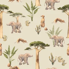  African animals baby seamless pattern. Safari wild life and plants wallpaper design. Repeating tropical texture © ldinka