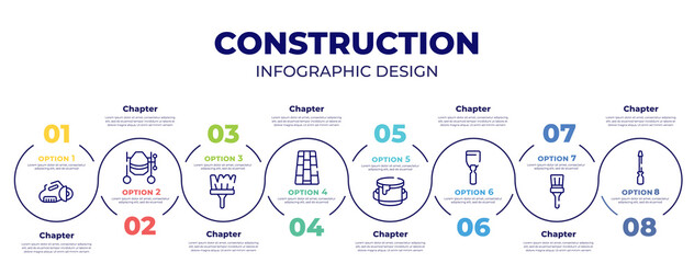 Fototapeta infographic template design vector with icons and 8 options or steps. infographic elements from construction concept. included grinder, cement mixers, brush, paving, paint bucket, scraper, paint obraz