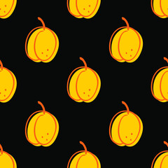 Cute doodle apricot. Seamless pattern vector illustration. Summer design with fruits. Hand drew ink doodle style. Abstract fruit. 