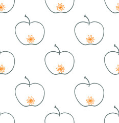Green apples. Seamless pattern vector illustration. Summer design with lovely fruits on the white background. Hand drew ink doodle style. Abstract fruit. 