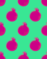 Creative pomegranates with spots and dots. Fruity seamless pattern with scattered outline fruits.