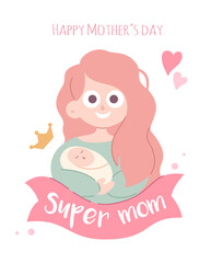 Happy mom holding baby in cartoon style, vector illustration. Mother's Day card with text on ribbon: Super Mom