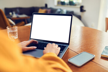 Picture of woman using laptop with blank screen while working at home office