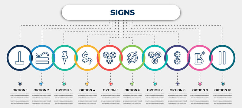 vector infographic template with icons and 10 options or steps. infographic for signs concept. included perpendicular, is congruent to, pinned, currency value, therefore, empty, because, reason, is