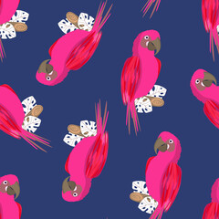 Seamless pattern with cute cartoon parrot bird on branch. Vector illustration for wallpaper, fabric, textile. Summer exotic print. Tropical parrot with floral monstera leaves