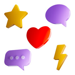Volumetric icons heart, lightning, star and dialogue. Set of realistic icons for network sites, applications, commenting, chat. 3D rendering.