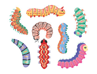 Set spring and summer colorful caterpillars. Pretty caterpillars different silhouette on white background. For festive card, banner, children, pattern, tattoo, decorative, concept. Vector illustration