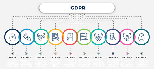 vector infographic template with icons and 10 options or steps. infographic for gdpr concept. included lock, finger, communications, text file, penalty, consent, gear, alert, keylock.
