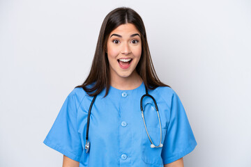Young Brazilian nurse woman isolated on white background with surprise facial expression