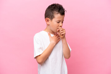 Little caucasian boy isolated on pink background coughing a lot