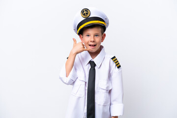 Little airplane pilot boy isolated on white background making phone gesture. Call me back sign