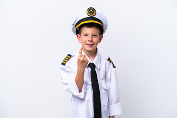 Little airplane pilot boy isolated on white background doing coming gesture